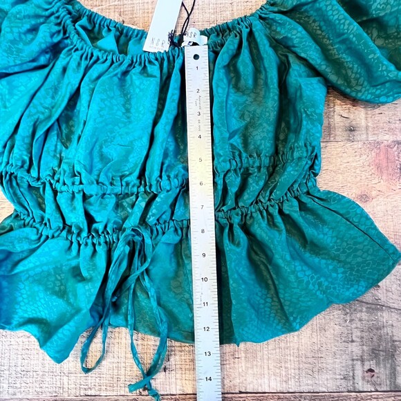 NSR Napean Sea Road Green Peplum Blouse Off Shoulder Puff Sleeve Small - Picture 9 of 12